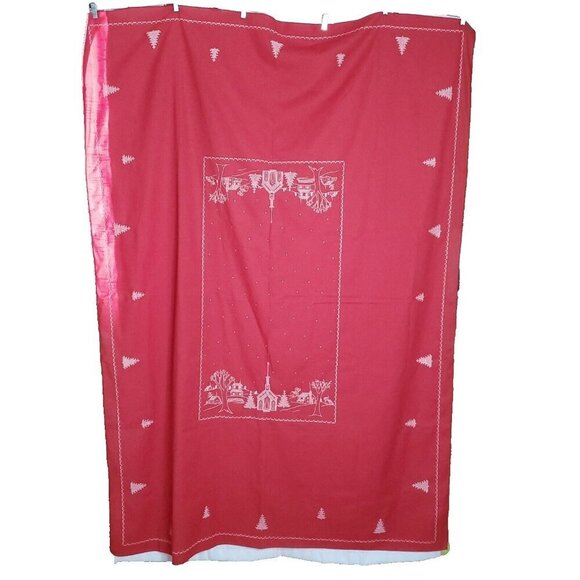 Vintage Cross Stitch Tablecloth Church Village Scene Christmas Trees Red White - Picture 3 of 4